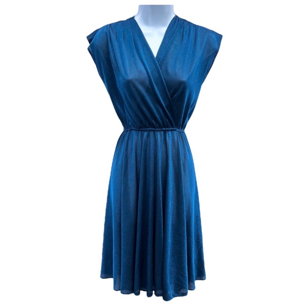 Vintage 70s Shimmery Iridescent Blue Sheer Wrap Style Midi Dress